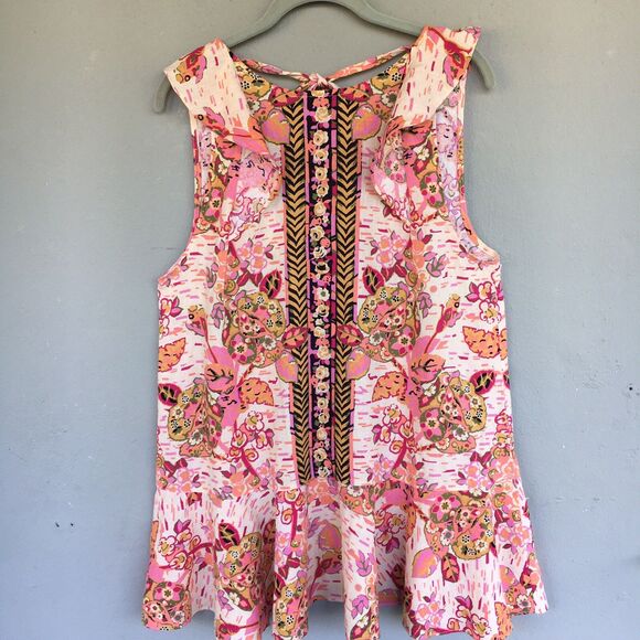 Free People Linen Tunic Top M Floral Ruffle Sleeve Talum Boho Chic Festival - Picture 2 of 16